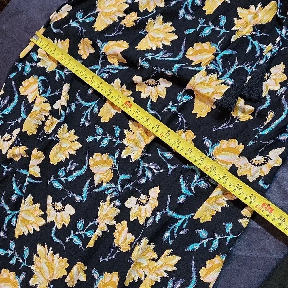 Xhilaration Cold Shoulder Yellow Black Floral V Neck Tassels Maxi Dress - Picture 10 of 12